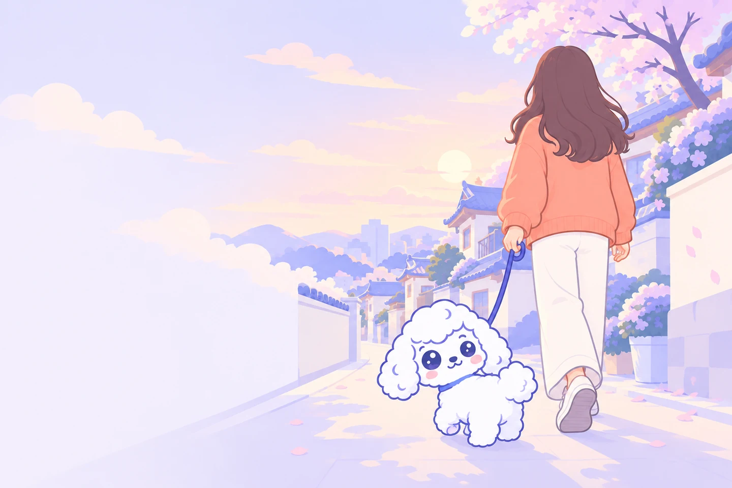 주황 스웨터를 입은 보호자와 하얀 곱슬 강아지가 연보라빛 골목을 함께 걷는 그림