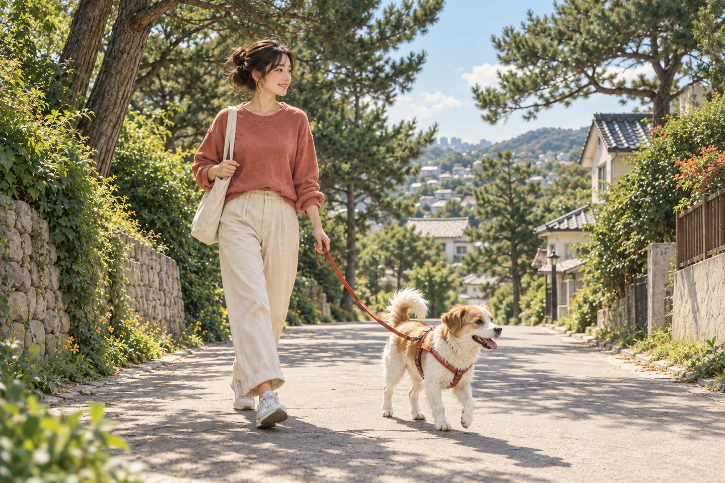 목줄을 잡은 사람과 강아지가 햇살 드는 동네 길을 함께 산책하는 브랜드 사진